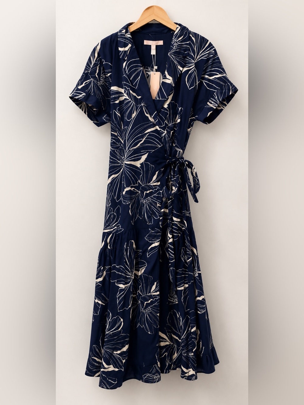Hutch Rosen Wrap Dress Women Size L Navy Blue Floral Midi Tie Waist NWT - Picture 8 of 9